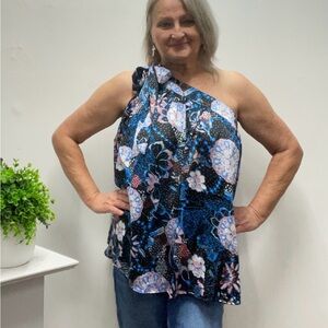 Southern Grace One-Shoulder Floral Camisole - Blue & Black